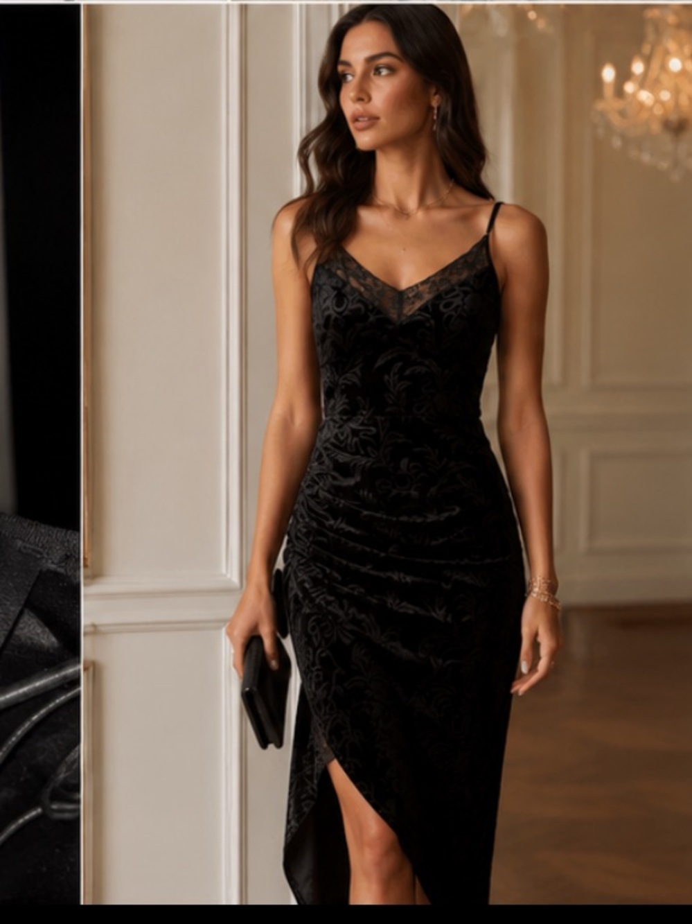 Cider velvet, burnout Elegant Black Velvet Slip Dress with Lace v- neckline
M